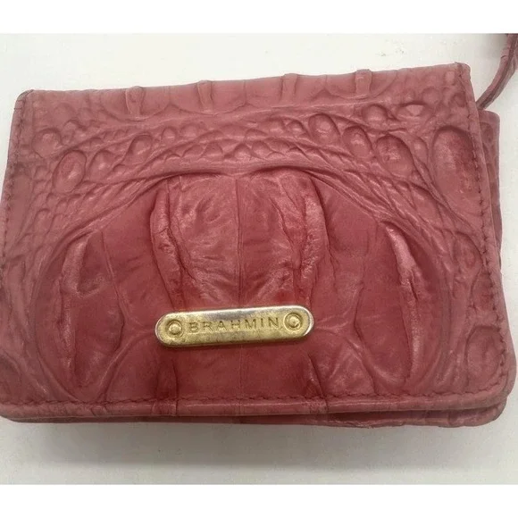 Brahmin Wallet Womens Pink Croc-Embossed Keychain ID Card Case Coin Key Ring